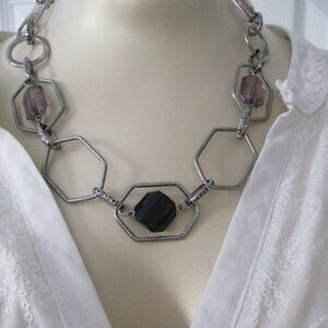Lia Sophia Silver Tone Necklace Large Links, Faceted Beads